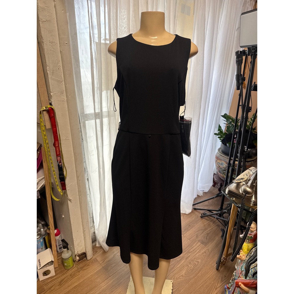 Ivy + Blu Black Sleeveless Sheath Dress with Belt NWT Boat Neck Midi